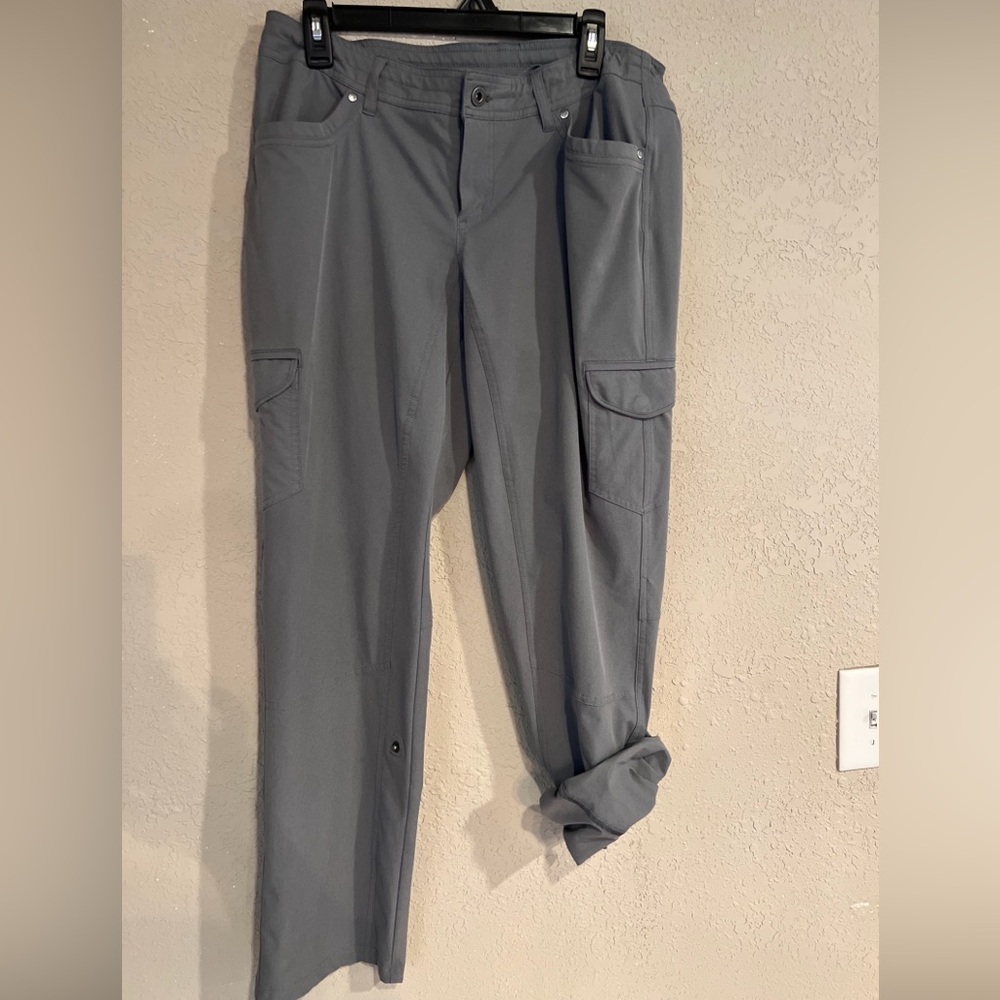 KUHL Women’s Gray Flex Pants Sz 12 Short Hiking Outdoors Comfort Zip Up Tie